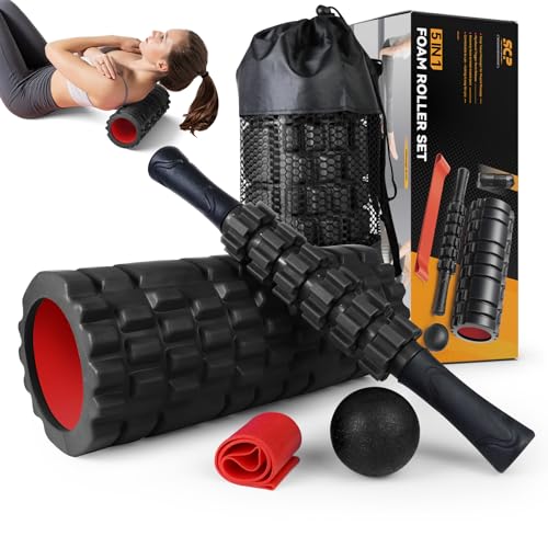 SUBCULTUREPICK 5 in1 Foam Roller Set, Trigger Point Foam Roller Deep Tissue | Massage Roller Stick, Massage Ball, Resistance Band for Physical Therapy, Pilates Yoga,Fitness Exercise for Whole Body Black - color: Black-red