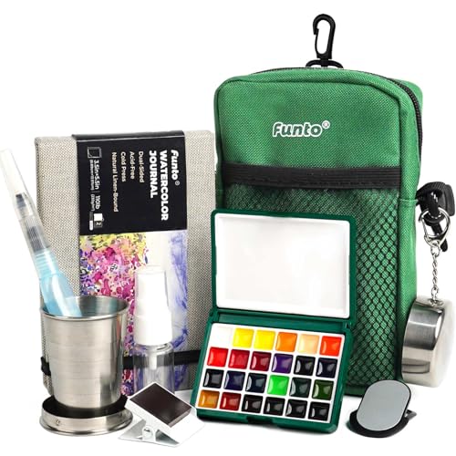 Funto Mini Watercolor Paint Set, All-in-One 24-Color Travel Paint Kit, with Crossbody Bag, Watercolor Journal, Paint Water Cup, Pocket Set for Artists - color: 24-Color Dark Green Set, style: Sporty Box