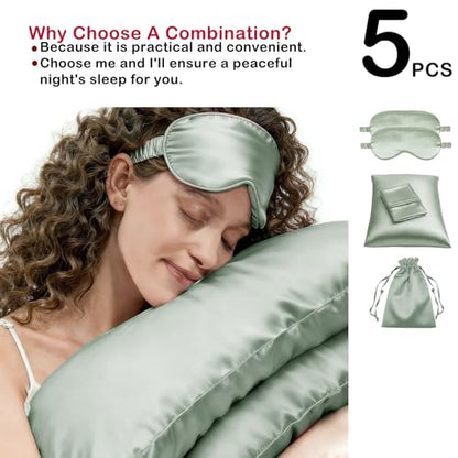 5Pcs Silky Sleep Mask Eye Masks Breathable Soft Satin Pillowcases Set for Sleeping Similar to Silk Pillowcase Travel Gift - color: Sage-queen Size