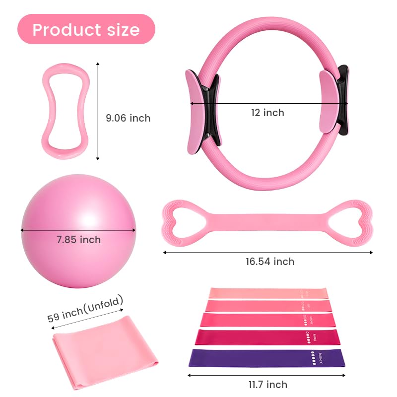 Home Pilates Essentials Kit for Women, with 5 Resistance Bands - Magic Circle Pilates Kit for Home Toning, Includes Yoga Ball, Stretch Strap & Gym Bag (13-Piece Complete Starter Set) - color: Pink