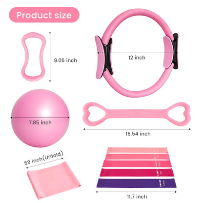 Home Pilates Essentials Kit for Women, with 5 Resistance Bands - Magic Circle Pilates Kit for Home Toning, Includes Yoga Ball, Stretch Strap & Gym Bag (13-Piece Complete Starter Set) - color: Pink
