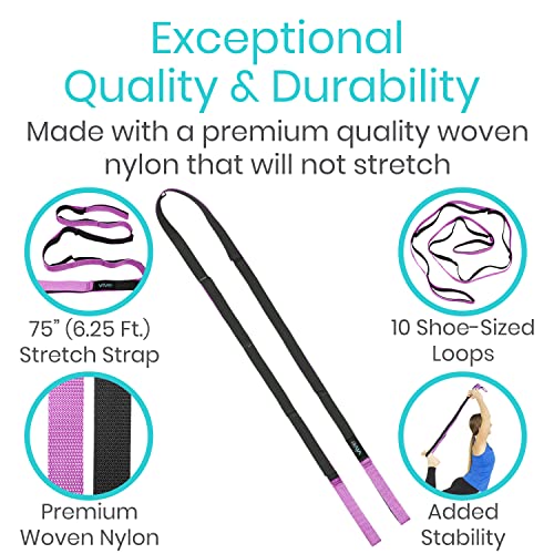 Vive Stretch Strap (75" - 10 Loops) - Leg Stretch Band to Improve Flexibility - Stretching Out Yoga Strap - Exercise and Physical Therapy Belt for Rehab, Pilates and Gymnastics with Guide Book - color: Pink
