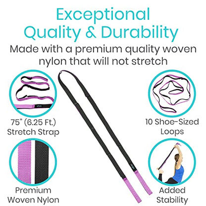 Vive Stretch Strap (75" - 10 Loops) - Leg Stretch Band to Improve Flexibility - Stretching Out Yoga Strap - Exercise and Physical Therapy Belt for Rehab, Pilates and Gymnastics with Guide Book - color: Pink