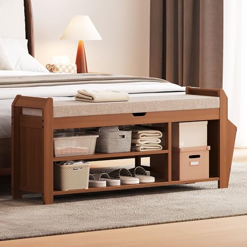 PETKABOO 39.4" Bamboo Shoe Rack Bench, 3-Tier Entryway Bench with Thick Cushion, Flip-Top & Side Storage, Holds Up to 550 LBS for Hallway, Living Room, Bedroom - color: 39.4"