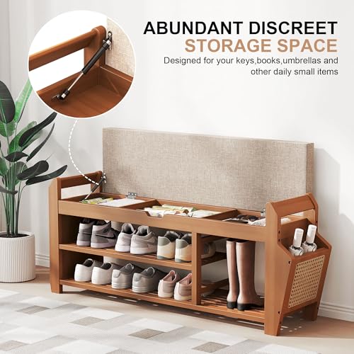 PETKABOO 39.4" Bamboo Shoe Rack Bench with Coat Rack, 3-Tier Entryway Bench with Thick Cushion, Flip-Top & Side Baskets, Holds Up to 550 LBS for Hallway, Living Room, Bedroom - color: 39.4" with Hook