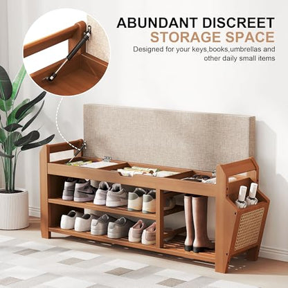 PETKABOO 39.4" Bamboo Shoe Rack Bench with Coat Rack, 3-Tier Entryway Bench with Thick Cushion, Flip-Top & Side Baskets, Holds Up to 550 LBS for Hallway, Living Room, Bedroom - color: 39.4" with Hook