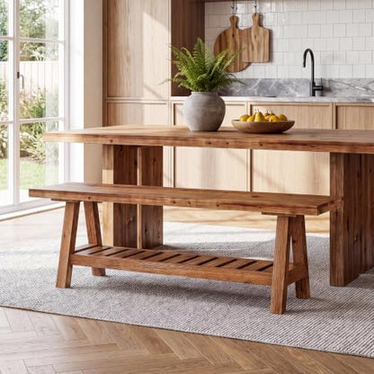 Solid Wood Dining Bench, 55-Inch Long Bench with Open Storage Shelf, 2-Tier Farmhouse Indoor Seating for Dining Room, Kitchen and Small Spaces, Brown