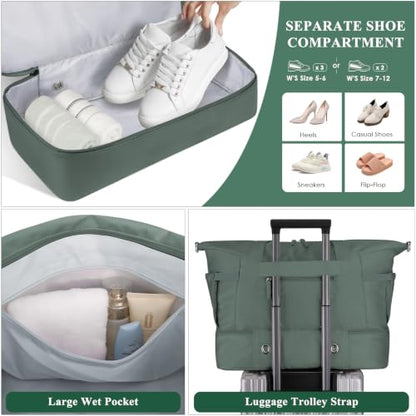 Gym Bag for Women, 45L Carry On Travel Duffel Bag with Shoes Compartment - color: Dark Green, size: Large