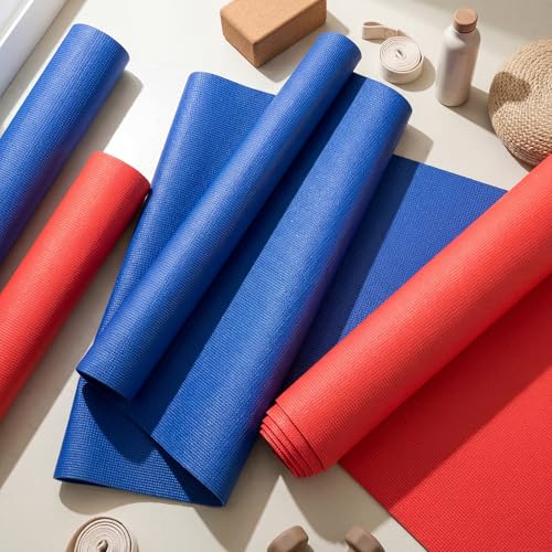 Amylove 12 Pieces Yoga Mats Bulk 68x24x0.12 Inch Exercise Non Slip Fitness Workout Mats for Women Men Home Workout Gym Yoga - color: Red, Dark Blue