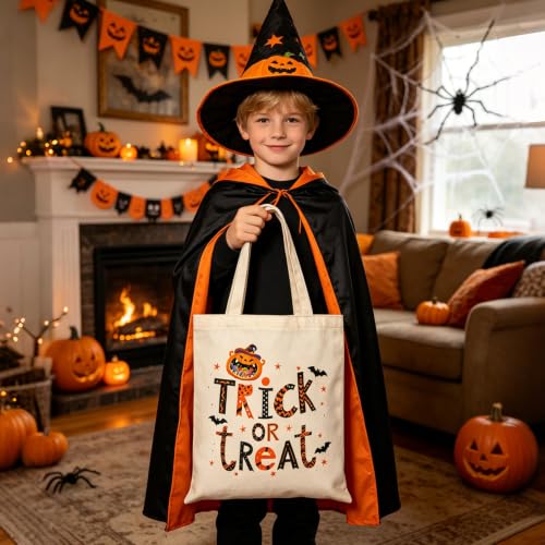 Canvas Tote Bag with Zipper for Women, Halloween Trick or Treat Bags Bulk | 13.8" x 15.3" Fashionable Two-Tone Cotton Tote Bag for Crafts, DIY Your Creative Designs - color: [A0] Halloween - Beige
