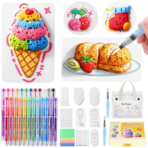 RuiHawk 3D Magic Foam Texture Painting Kit, 75 Pcs Puff Paint Art Supplies for Kids with 24 Auto-Flow Markers, 38 Texture Sheets & 10 Bead Necklace, Non-Toxic Creative Arts Crafts for Kids Ages 4-16 - color: 24 Pens + 38 Foam sheet