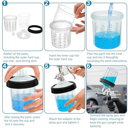 Yesland Disposable Paint Sprayer Mixing Gun Cup Liners and Lid System for Automotive Paint Gun, 20 Pack Paint Cups 20 Ounce (600ml) Kit, 20 Lids with Strainer, 8 Plugs, 1 Hard Cup with Retainer Ring