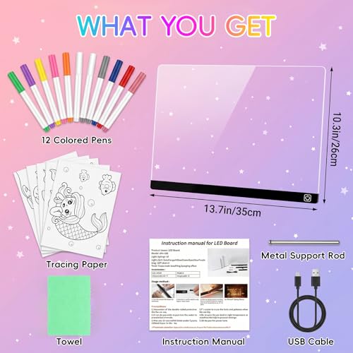 16" LED Drawing Board for Kids, Light Up Glow Doodle Pad with 12 Markers, Tracing Book & Cleaning Cloth, USB-C Acrylic Dry Erase Note Board Toy Gifts for Girls Boys Age 3-12