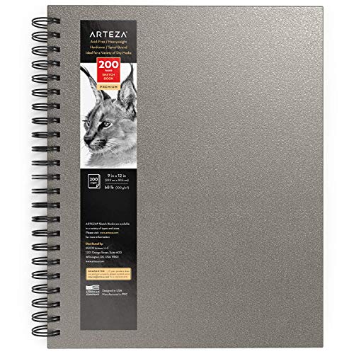 Arteza Sketch Book, 9x12-inch Gray Drawing Pad, 100 Sheets, 68 lb 100 GSM, Hardcover Drawing Book, Spiral-Bound Sketch Pad for Pencils, Charcoal, Pens, Crayons and Other Dry Media