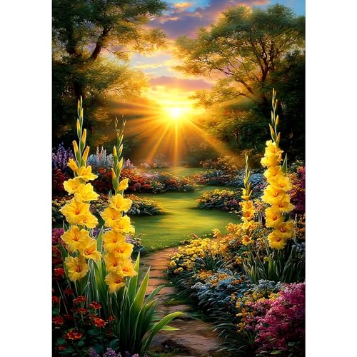 MXJSUA Vibrant Garden Sunset Diamond Art Painting Kits for Adults, Full Drill 5D Round Dots Diamonds Paint Picture for Beginners, Gem Art Painting Craft Kits for Home Decor Gift 12x16 inch - color: Garden Sunset