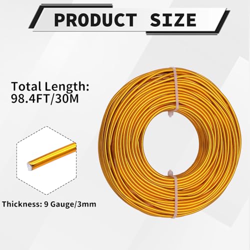 9 Gauge Aluminum Craft Wire, 100 Feet 3mm Bendable Metal Wire for Jewelry Making, Sculpting and Floral Design, Soft Armature Wire for DIY Crafts (Yellow Gold) - size: 9 Gauge(3mm), style: Yellow Gold