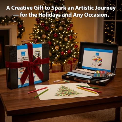 COLOUR BLOCK 91-PC Sketching & Drawing Set in Wooden Easel Case – All-in-One Mixed Media Art Supplies with Colored, Metallic, Charcoal & Pastel Pencils, Soft Pastels, Essential Tools and Drawing Pad