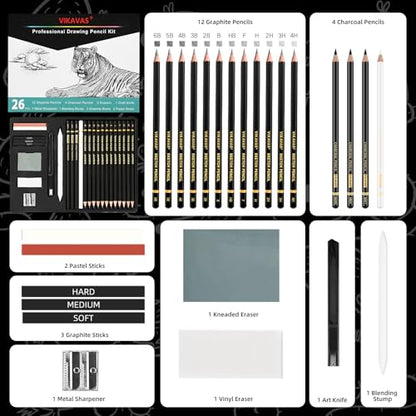 Professional Sketch Pencil Set – 26 PCS Complete Drawing Kit for Artists Graphite, Charcoal, Pastel, Erasers & Tools for Sketching, Shading & Detailing