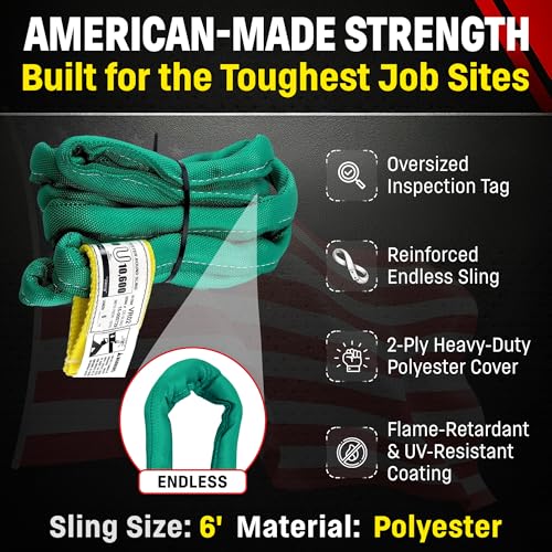 Chenango Supply VR2 6ft Green Endless Round Polyester Rigging Sling | USA Made, Double-Ply Cover, for Lifting & Material Handling, Capacity: 5,300 lb Vertical, 4,240 lb Choker, 10,600 lb Basket - size: 6 ft