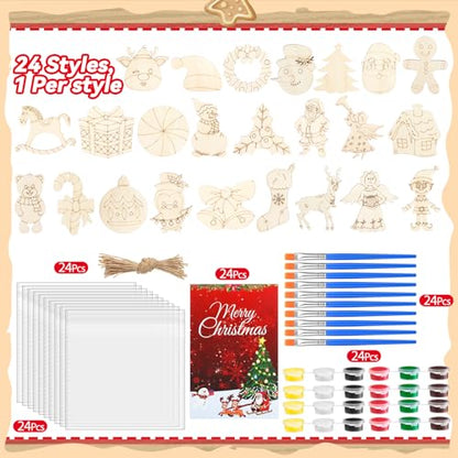 Saypacck 24 Pcs Christmas Party Favors Wooden Paint Craft Kits | DIY Painting Crafts with Brush Organza Bags, Christmas Stocking Stuffer Gifts, Festive Ornament Shapes - style: Christmas