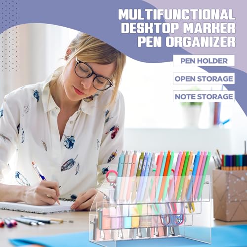 Cinnvoice Acrylic Pen Organizer 4 Tier 20 Compartments Clear Vertical Marker & Pencil Holder Large Desk Stationery & Art Supply Storage for Desk, Office, School, Easy Assembly, 10.4 x 7.1 x 7.5 Inch