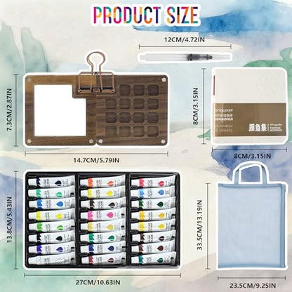 Mini Watercolor Travel Set, 24 Color Pocket Watercolor Set with Brush, Sketchbook and Towel for Artists, Beginners, Students and Urban Sketching (15 Grids)