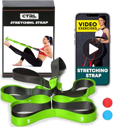 Stretching Strap with Loops - Non Elastic Yoga Strap for Physical Therapy | Video Exercises Included - Stretch bands for Stretching Equipment and Flexibility - Fascia, Hamstring & Leg Stretcher Belt - style: 12 Loops - Green