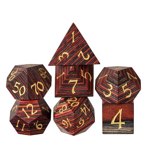 Wood DND Dice Set Orange Striped Wood Dice Set for D&D Tabletop Game | Iron Box, DM Gift, for Dungeons and Dragons Role Playing Games - color: Red Orange Grey Striped