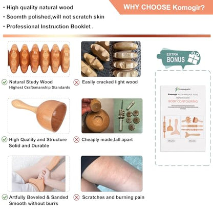 Komogir 3-in-1 Wood Therapy Massage Tools Lymphatic Drainage Massager Wooden Massager for Maderoterapia,Anti-Cellulite, Body Sculpting & Contouring