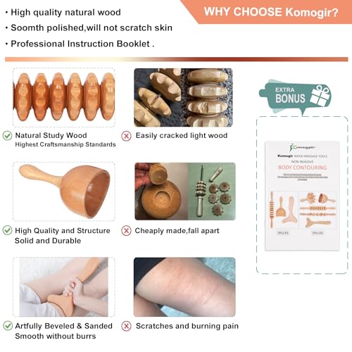Komogir 3-in-1 Wood Therapy Massage Tools Lymphatic Drainage Massager Wooden Massager for Maderoterapia,Anti-Cellulite, Body Sculpting & Contouring