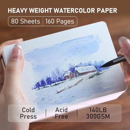 FLUNBRATO Watercolor Pad 80 Sheets, 3.5 x 5.1 Inch, 100% Cotton Mini Travel Watercolor Block, Cold Press 140LB 300GSM, Two-Edge Glue Binding Compact Notebook Mixed Media for Painting - color: Cold Press, size: 3.5 x 5.1 Inch