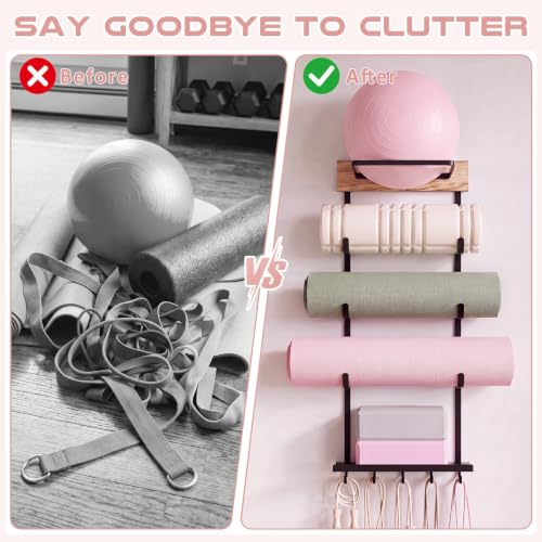 Junkin Yoga Mat and Ball Holder Wall Mount, 4-tier Yoga Mat & Ball Storage Rack, Metal Floating Shelf, Home Gym Organizer for Hanging Foam Rollers & Resistance Bands, Wood Color