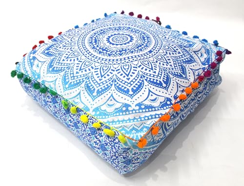 CK 40.6x40.6x12.7cm(16x16x5인치) 정사각형 바닥 쿠션 커버, 블루 옴브레 만다라 푸프 커버, 면 오토만 베개 커버, 보헤미안 장식 명상 바닥 베개 커버 거실, 침실 및 요가용(커버만 해당) - color: 파란색과 흰색., size: 16"D x 16"W x 5"H