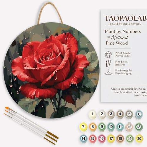 TAOPAOLAB Rose Paint by Numbers Kit for Adults on Wood Board – DIY Red Rose with Water Drops Wood Craft Painting Kit, 12 in Round, Acrylic Paint Set, Beginner-Friendly, Relaxing Home Decor Gift - color: FM04572