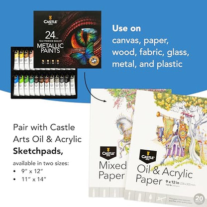 Castle Art Supplies 24 Piece Metallic Acrylic Set for Adults - New Formula | Richer shimmering finish in 24 X 12ml tubes - for adult artists, beginners, and crafters, presentation box included