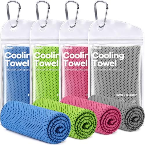 ROXUN Cooling Towels, 4 Pack (40''x12'') Chilly Ice Rags for Neck and Face | Gray+Blue+Pink+Green, Soft Breathable, Sports and Outdoor Workouts, Comes with Storage Bags & Carabiners - color: Gray+blue+pink+green