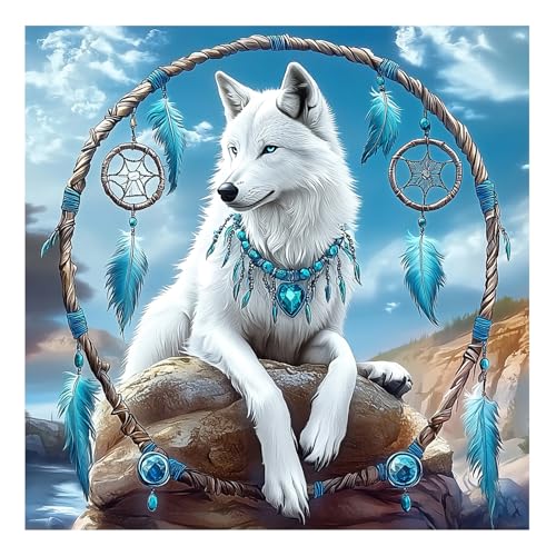 DIYDECORFUN Wolf Dreamcatcher Diamond Art Kits for Adults,Animal Diamond Painting Kit for Begninner,Full Round Drill Wolf 5D Diamond Dots Gem Arts and Crafts Kits for Adults Home Wall Decor 12x12IN - color: QD85