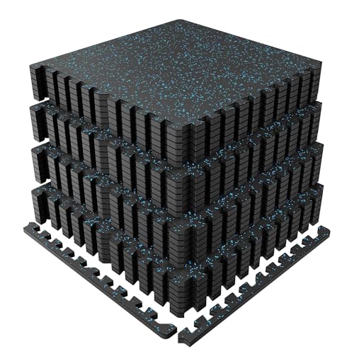 Garvee Exercise Equipment Mats 0.56" Thick 96 Sq ft Gym Flooring – 24 Tiles (24" x 24") Rubber Top with High Density EVA Foam, Interlocking Puzzle Workout Mats for Home Gym Exercise– Black/Blue - color: Black/Blue, size: 24 Tiles (96 Sq Ft)