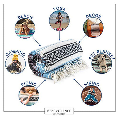 Benevolence LA Authentic Mexican Blanket – Handwoven Falsa Serape Throw – Beach, Camping, Picnic & Yoga Blanket – Lightweight Cotton Throw for Outdoor & Home – Sky Blue, 50x70 in - color: Sky Blue