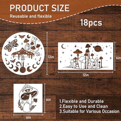 Keluna Mushroom Stencils for Painting, 18 Pcs Bohemian Art Craft, 12 Inch Large Reusable Crescent Moon Phase Drawing Template for Wood Wall Canvas Home Decor - style: mushroom