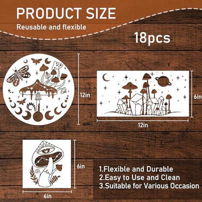 Keluna Mushroom Stencils for Painting, 18 Pcs Bohemian Art Craft, 12 Inch Large Reusable Crescent Moon Phase Drawing Template for Wood Wall Canvas Home Decor - style: mushroom