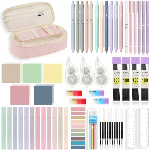 MoKo Pencil Case with Supplies, 60Pcs Aesthetic School Set, Pink | Includes highlighters, gel and ballpoint pens, mechanical pencils, refills, sticky notes, correction tapes and rulers. - color: Pink-60P