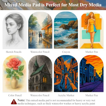 Mixed Media Sketchbook 9" x 12", 60 Sheets Each (98lb/160gsm), 2 Pack, Heavyweight Drawing Papers, Top Spiral Bound Hardcover Sketchbook, for Wet and Dry Media, Drawing, Painting - size: 9" x 12" (Pack of 2)