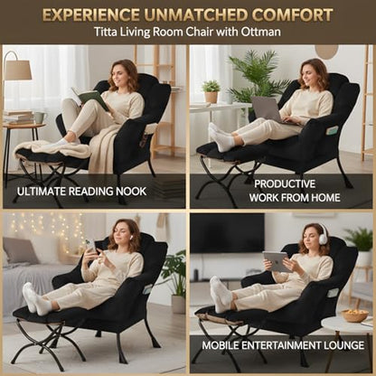 Tiita Lazy Chair with Ottoman, Comfy Reading Accent Chair, Velvet Black | Foldable Footrest, Padded Seat and Backrest, Side Pocket for Lounging in Living Rooms, Bedrooms, Dorms and Small Spaces - color: Black