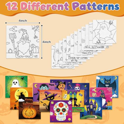 Anseal 12 Packs Pre Drawn Canvas to Paint, 4" X 4" Halloween Pre-Printed Paint Party for Painting, Pre Stretched Canvas Outline Painting Boards for Paint Lovers, Party Favor - style: Halloween