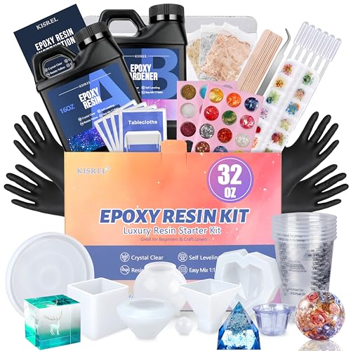 KISREL Epoxy Resin Kit 32OZ with Molds, Dried Flowers & Tools for Beginners | All-in-one starter set with molds,Crystal clear, bubble-free & easy 1:1 mix,Ideal for jewelry, coasters & DIY crafts - size: 32oz Resin Kit