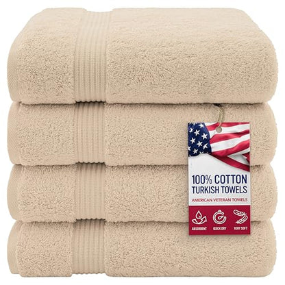 American Veteran Towel, 100% Cotton Turkish Bath Towels for Bathroom 4 Pack, 27x54 Extra Large Premium Soft Drying Bathroom Towels, Beige - color: Beige, size: 27x54