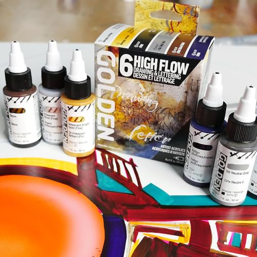 High Flow Acrylics by GOLDEN, High Flow Drawing & Lettering Set, 6 Colors, Professional Acrylic Paint
