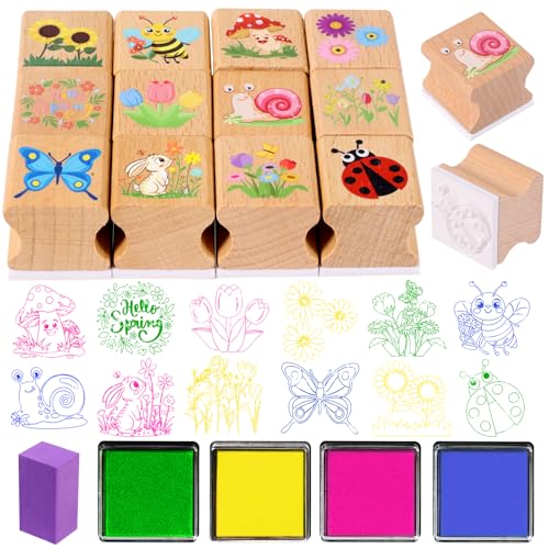 HOWAF 12pcs Spring Wooden Stamps, Hello Spring DIY Craft Rubber Stamps, Animal Daisy Flower Inking Stamp Pads Set, Butterfly Stamp Sunflower Inking Pads for Summer Party Supplies