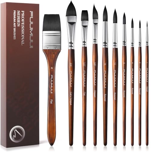 Fuumuui Professional Watercolor Brushes - 10Pcs Synthetic Squirrel Hair Paint Brush Set with Wide Flat, Round, Detail, Dagger, Cat's Tongue for Watercolor Gouache Inks Painting - color: Brown